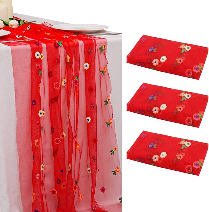 BINBE 3pcs Daisy Fall Table Runner Embroidery Gauze 10FT Florals Seasonal Tulle by BINBE