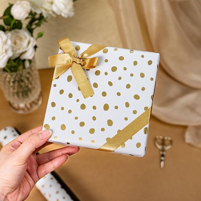 Burymento Golden Lrregular Wave Point Wrapping Paper, Reversible Gold Gift Wrap - Image 5