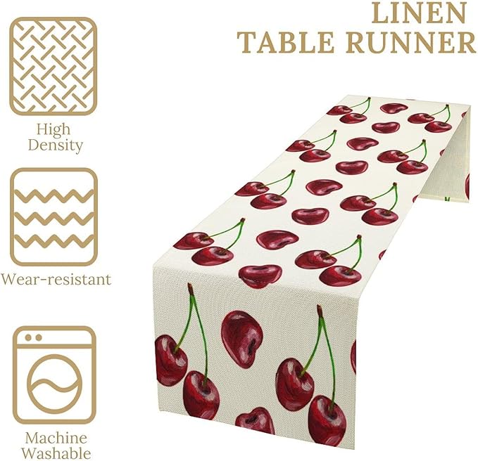 Red Cherry Table Runner Watercolor Spring Summer Wild Berry Tropical Fruit - Image 4