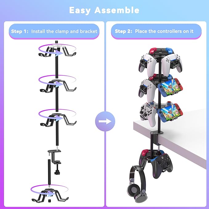 Rotatable 4 Tier Desk Clamp Controller Headset Stand, Universal Under Desk - Image 8