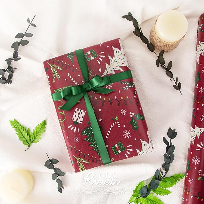 Ribbli Christmas Wrapping Paper Reversible Christmas Tree and Red Green Stripe - Image 3