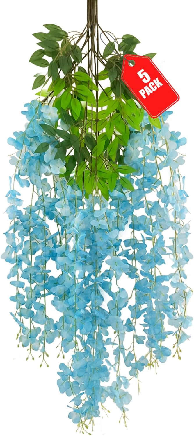 5 Pack Lake Blue Wisteria Hanging Flowers, 3.4 Ft Fake Hanging Flowers by ZEBMOON
