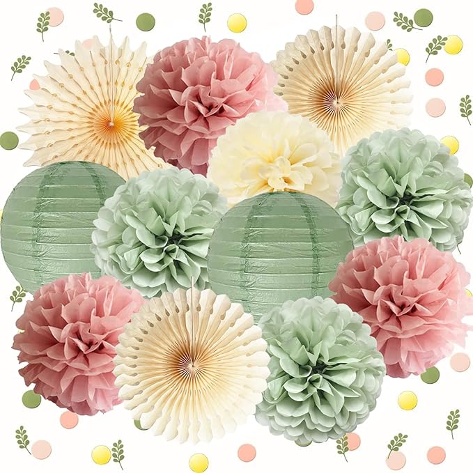 Dusty Pink and Sage Green Party Decorations Dusty Rose Sage Green Tissue Pom by FETETIJD