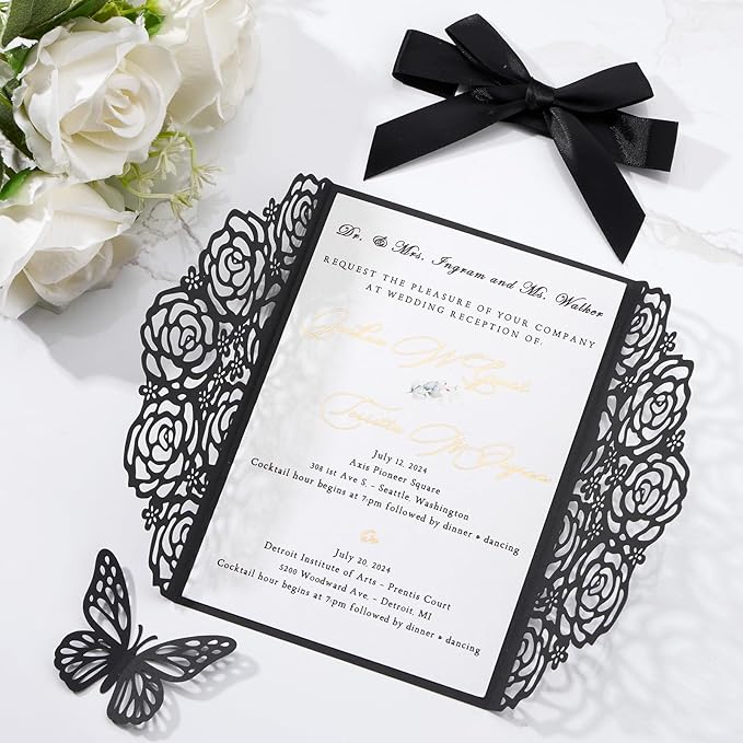 50pcs Black Wedding Invitation Kit Butterfly Laser Cut Invittations Pocket - Image 6