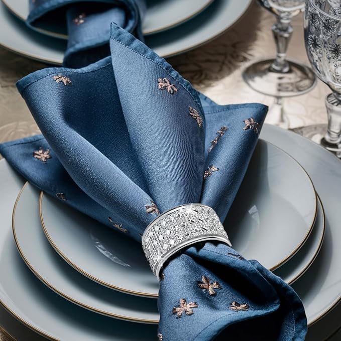 Silver Diamond Napkin Ring Set of 12 Rhinestone Crystal Glass Framed Napkin - Image 4
