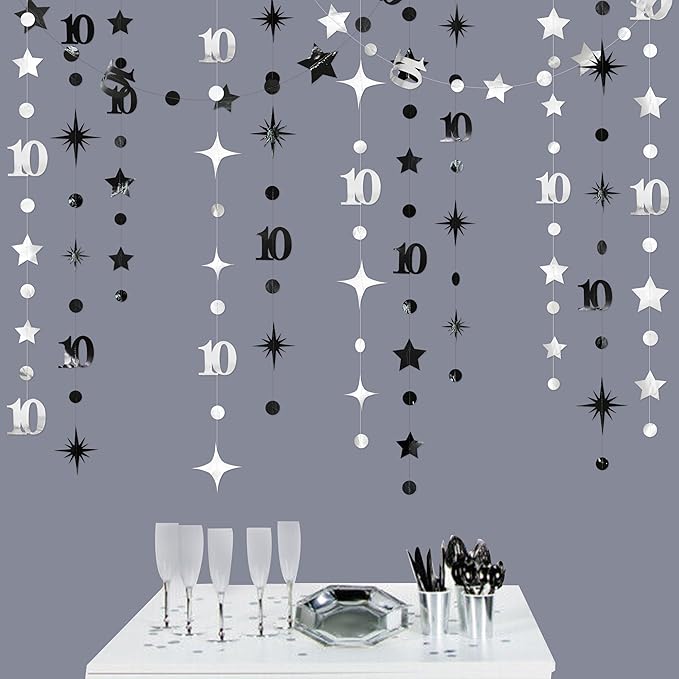 Silver Black 10th Birthday Decorations Number 10 Circle Dot Twinkle Star by pinkblume
