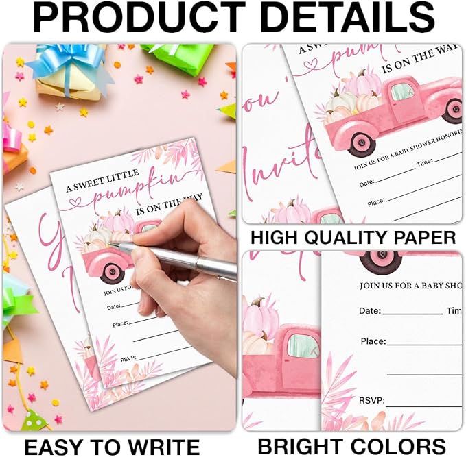 Pumpkin Baby Shower Party Invitations, Fall Pink Pumpkins Truck Baby Shower - Image 3