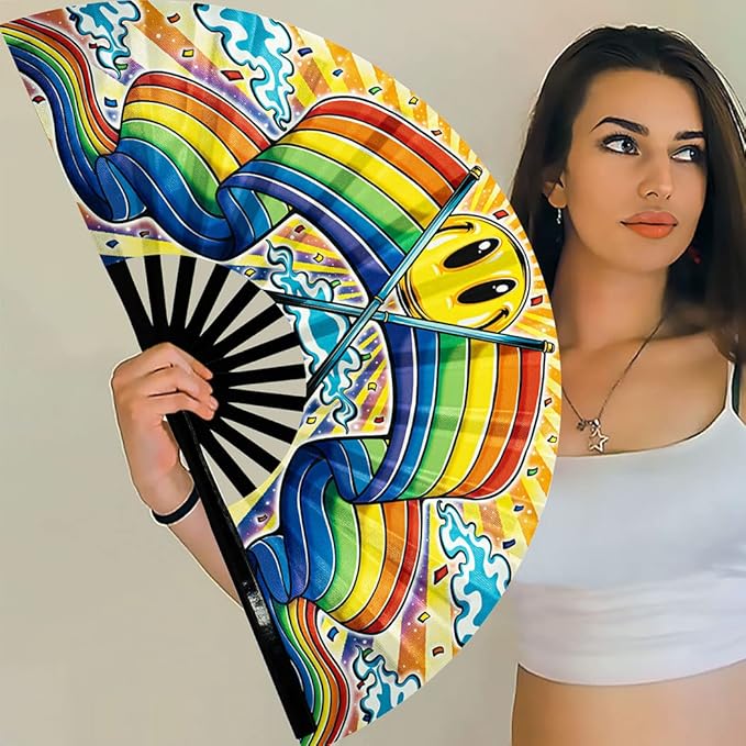 13" Large Rave Fan Bamboo, Folding Clack Hand Fans Foldable - Image 6