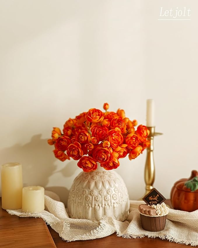 Letjolt Ranunculus Artificial Flower 18 Pcs Orange Silk Ranunculus Wedding - Image 2