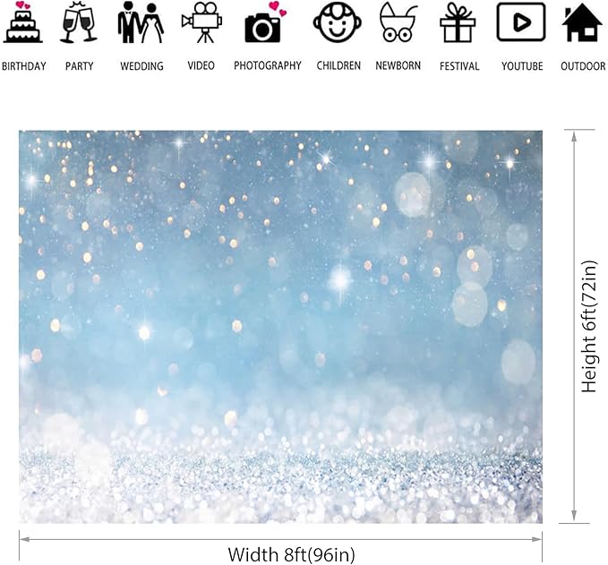8x6ft Blue Bokeh Backdrops Birthday Party Abstract Golden Sparkling Spots - Image 3
