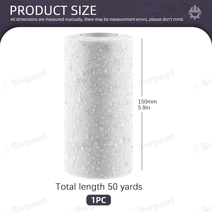 Swpeet 6 Inch by 50 Yards White Glitter Tulle Fabric Roll, Fabric Spool - Image 2