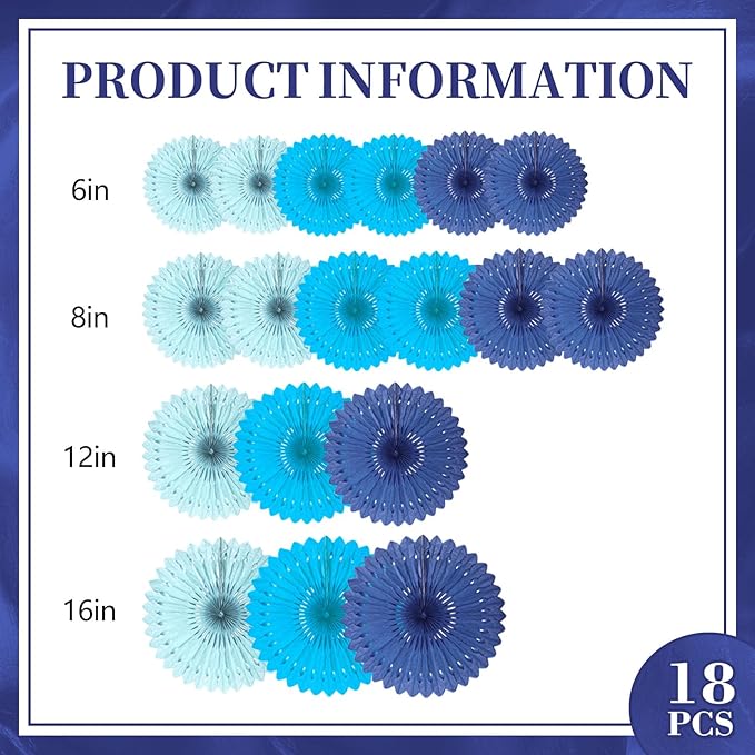 18 Pcs Blue Set Hanging Paper Fan, Hanging Honeycomb Round Paper Fans - Image 2