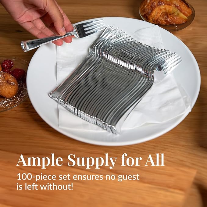 Prestee 100 Pack Silver Plastic Forks Heavy-Duty - Image 4
