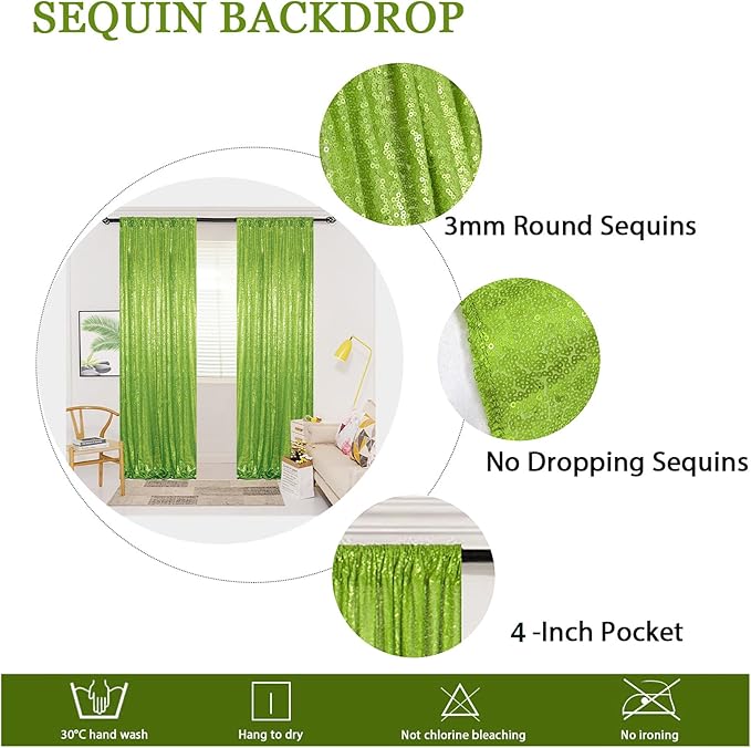 ShinyBeauty 4x10ft Olive Green Sequin Backdrop | 2 Panels Glitter Curtains - Image 3