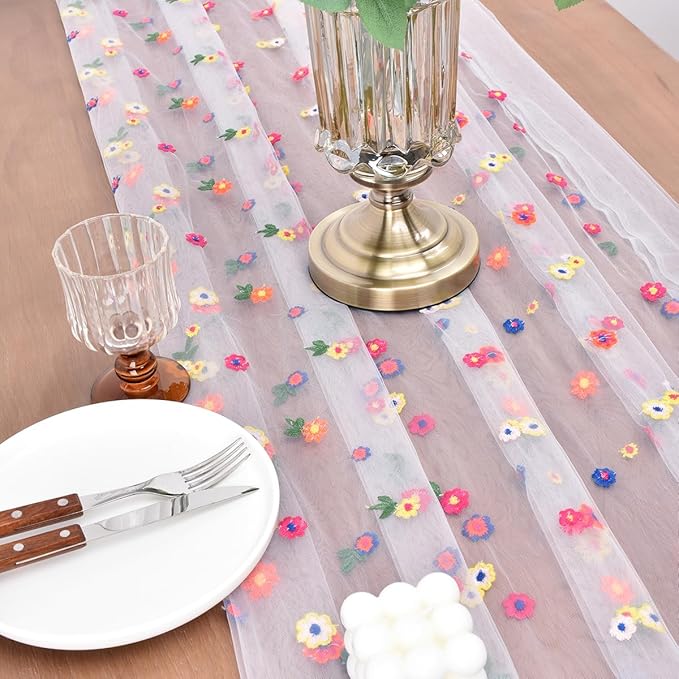 Joanlody 3pcs Ivory Embroidery Daisy Fall Thanksgiving Table Runner 10ft - Image 4