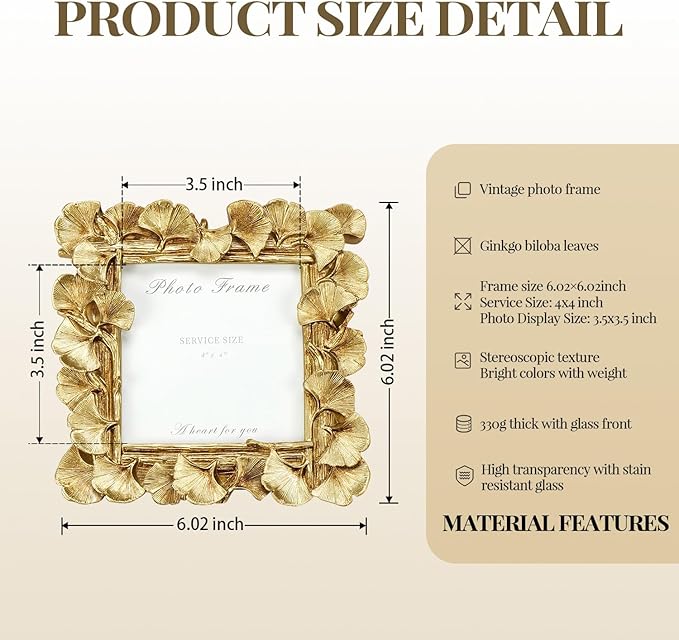 Cuspin 4x4 Picture Frame Small Gold Frames, Vintage Ornate Leaf Textured - Image 3