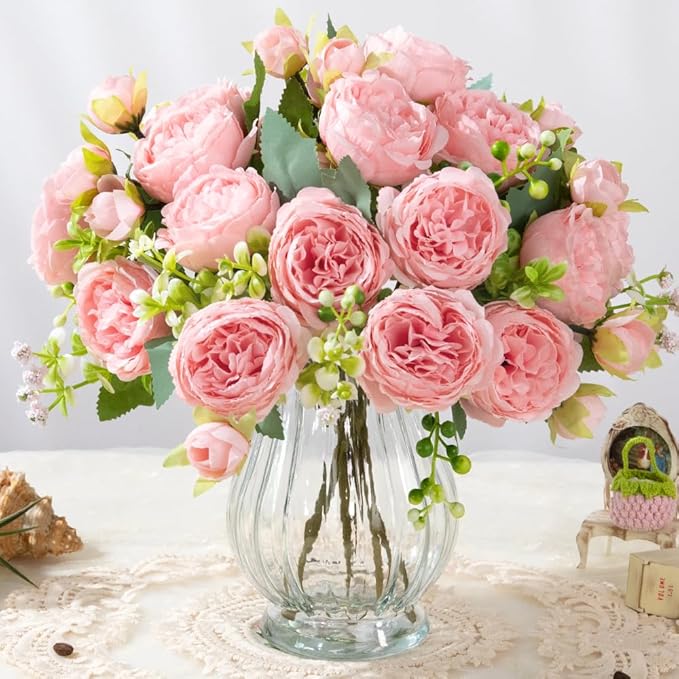 Artificial Peonies Silk Flowers in Glass Vase Faux Flowers Bouquets Modern by JARELING