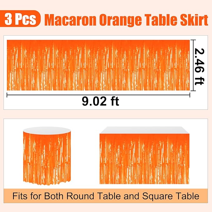 3 Pack 29 x108 Inch Macaron Orange Foil Fringe Table Skirts Metallic Banner - Image 2