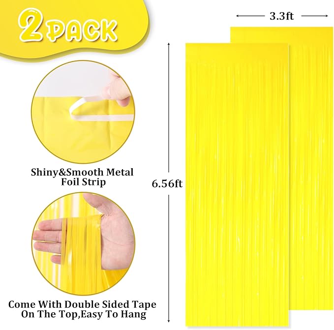 2 Pack Pastel Yellow Tinsel Foil Fringe Curtains, Metallic Tinsel Party - Image 3