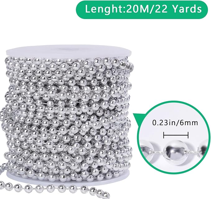 Faux Silver Pearl Beads Garland - 6mm Christmas Tree Beads 22 Yards Spool Pearl - Image 2