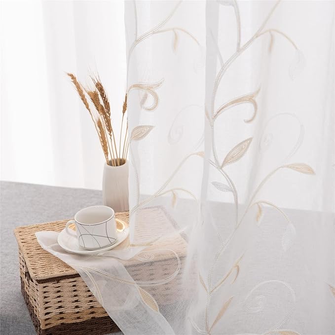 VISIONTEX Sheer Voile Curtains, Decorative Beige Leaves Embroidery Faux Linen - Image 2