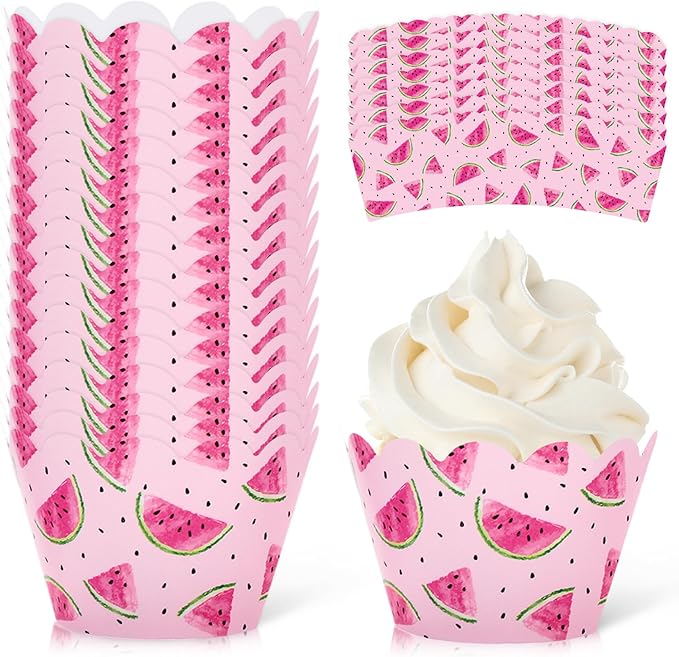 Whaline 36Pcs Watermelon Cupcake Wrappers Watercolor Pink Watermelon Cupcake by Whaline