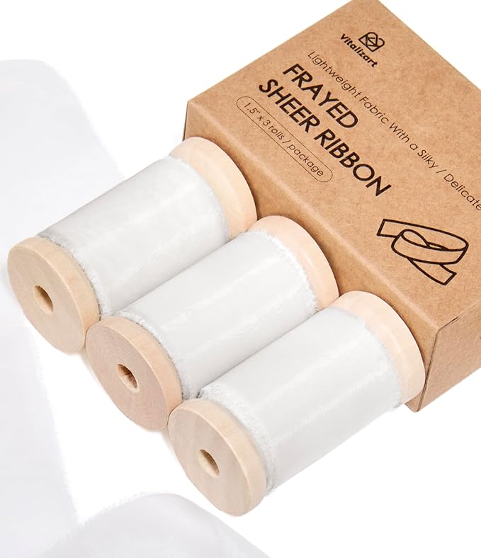 Vitalizart White Organza Ribbon Frayed Sheer Organza 1.5" Silk Like Ribbons by Vitalizart
