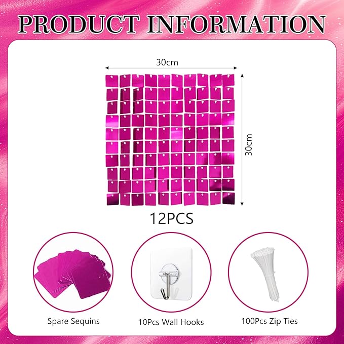 12PCS Fuchsia Shimmer Wall Backdrop, Square Sequin Photo Backdrops Panel - Image 2