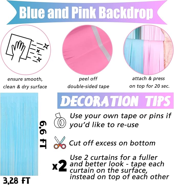 4 Pack 3.2Ft x 6.6Ft Pink Blue Fringe Curtain Backdrop, Metallic Tinsel Foil - Image 2