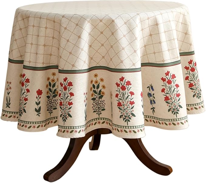ISAENNE Designer Vintage Linen Floral Round Tablecloth, Fall Colorful Modern by Isaennehomedecoration