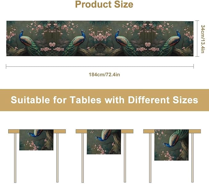 Peacock Table Runner, Vintage Aesthetic Peacock Birds Table Runner - Image 7