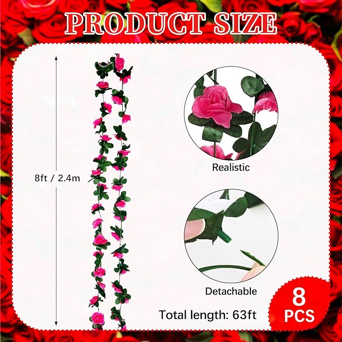 8Pcs 63Ft Fuchsia Rose Garland, Fake Rose Hanging Flowers, Artificial Flower - Image 2
