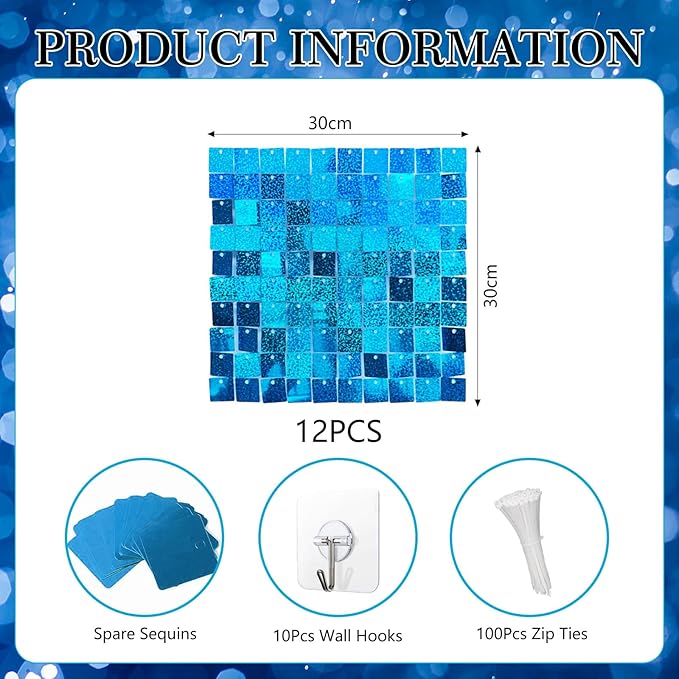 12PCS Lake Blue Shimmer Wall Backdrop, Laser Square Sequin Photo Backdrops Panel - Image 2