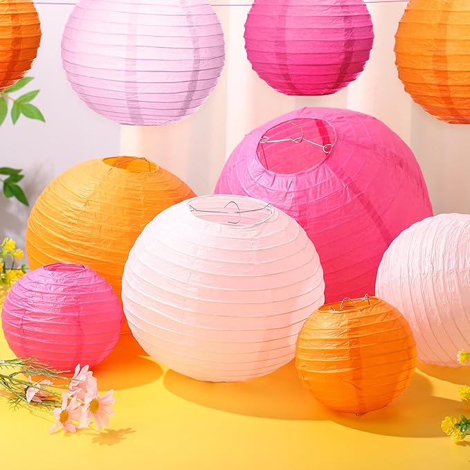 Riakrum 16 Pcs Pink and Orange Paper Lanterns Birthday Party Decorations Mixed - Image 3