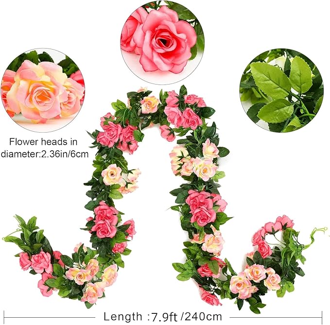JUSTOYOU Artificial Rose Garland Vines Pink Flowers Hanging Silk Rose Vine - Image 2