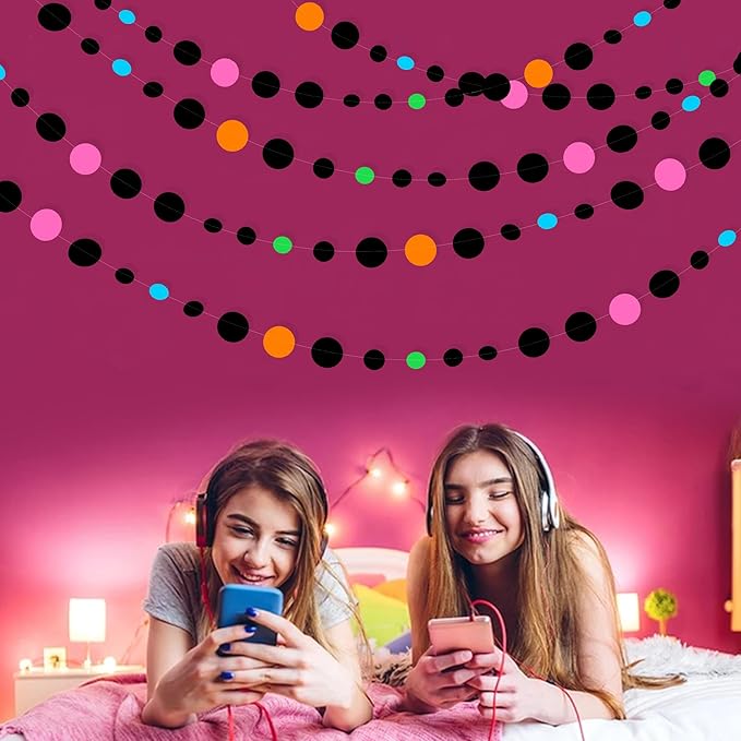 Black and Colorful Circle Dots Hanging Paper Streamer Black Multi-Color Polka - Image 6