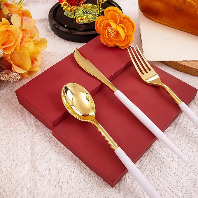 Rubtlamp 96 Pcs Gold Plastic Silverware, Cutlery Set Disposable Includes: 32 - Image 6