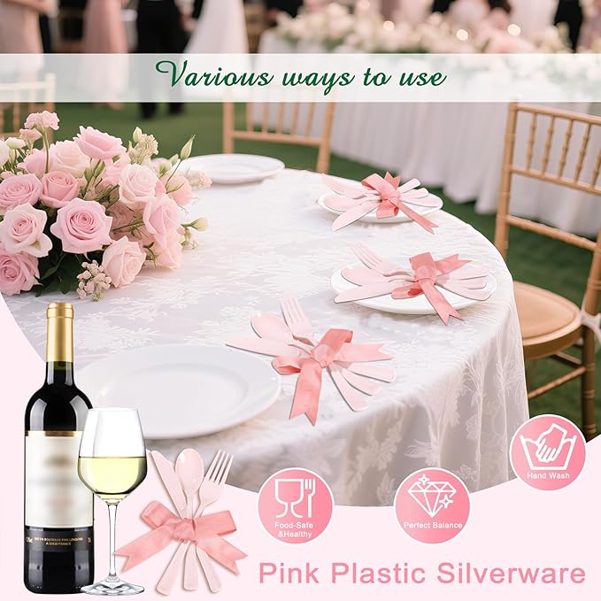Supernal 300 Pieces Pink Plastic Silverware Heavy Duty Disposable Silverware - Image 5