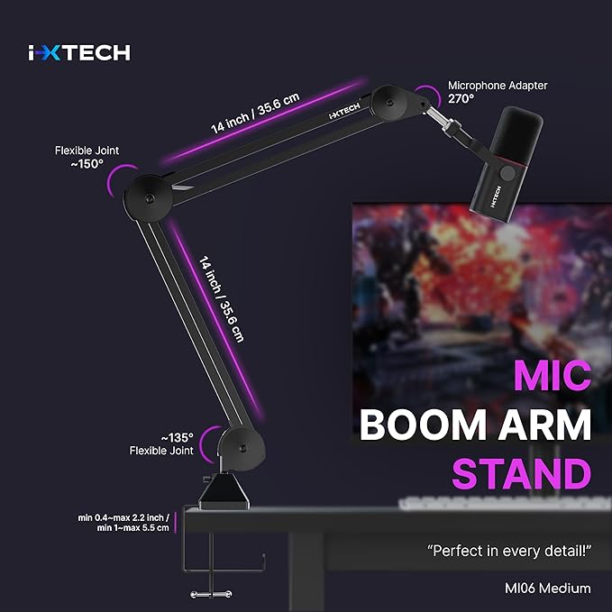 IXTECH Microphone Boom Arm Stand, Heavy Duty Adjustable Mic Stand - Image 4