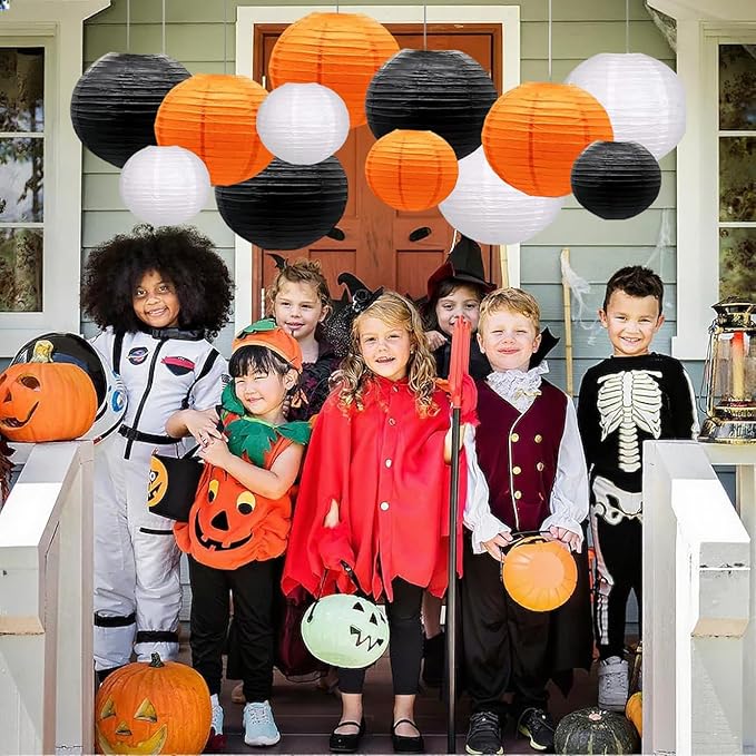 Orange Black White Paper Lanterns Decorative 12pcs Halloween Hanging Decorations - Image 4