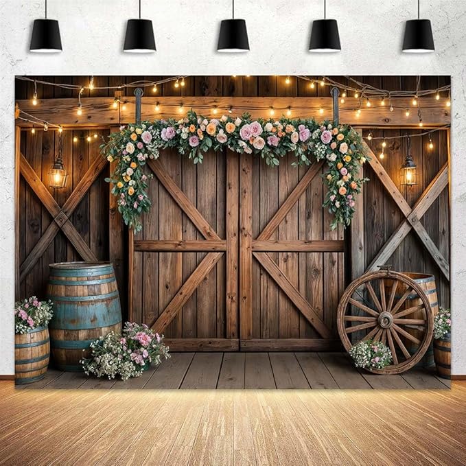 9x6ft Country Wedding Photography Backdrop Rustic Barn Door Photography - Image 2