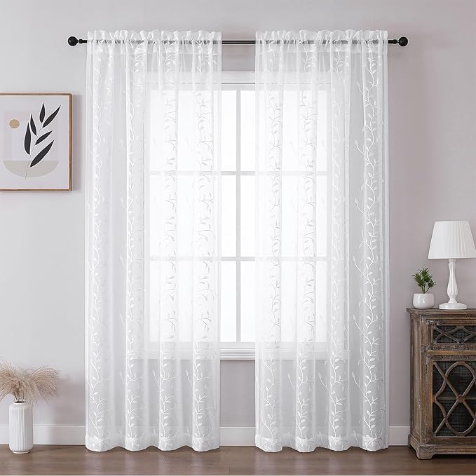 VISIONTEX White Sheer Voile Curtains, Decorative Beige Leaves Embroidery Faux - Image 2
