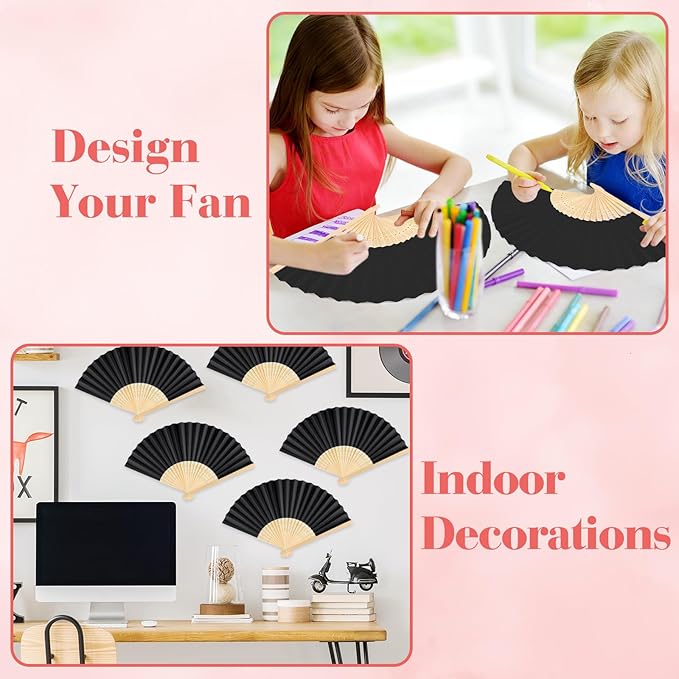 48 Pieces Black Hand Held Bamboo Folding Fans Paper Fans Handheld - Image 4