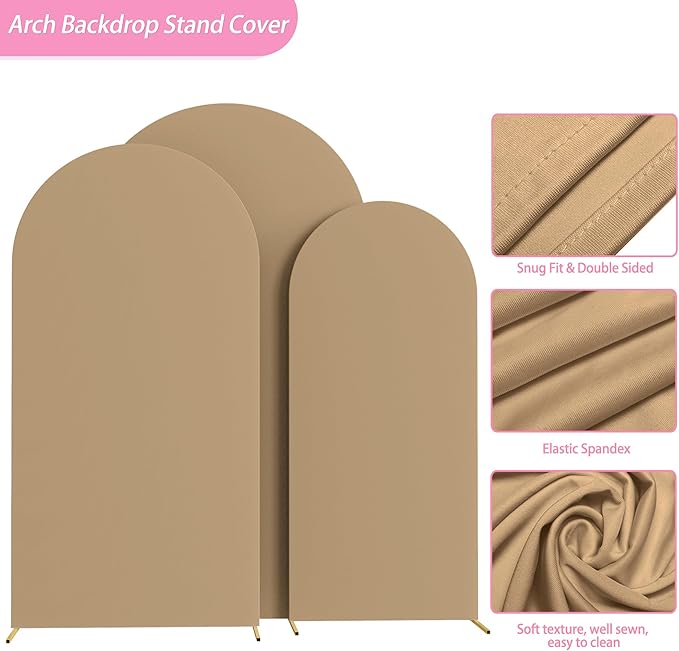 Fomcet Set of 3 Wedding Arch Covers 6FT, 7.2FT Khaki 2-Sided Round Top Spandex - Image 2