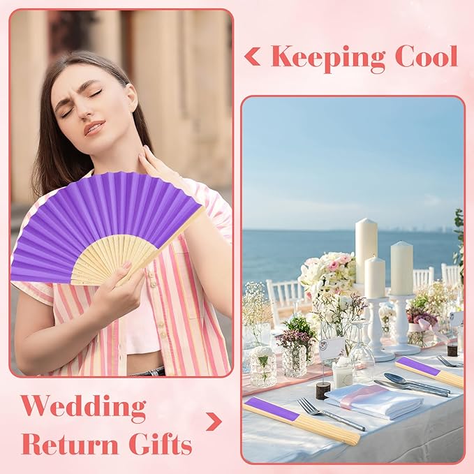 12 Pieces Purple Hand Held Bamboo Folding Fans Paper Fans Handheld - Image 5