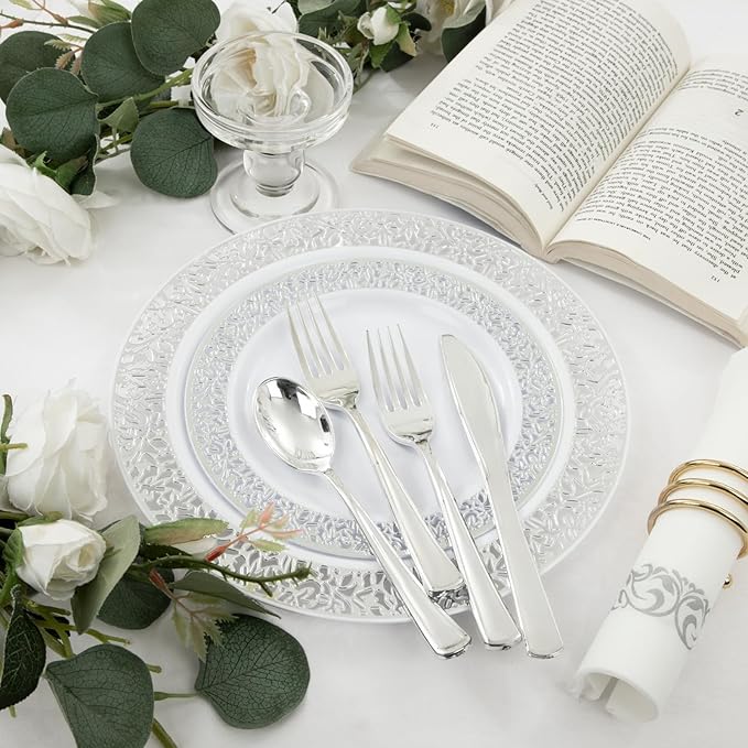 WELLIFE 350pcs Silver Party Dinnerware Set - Image 4