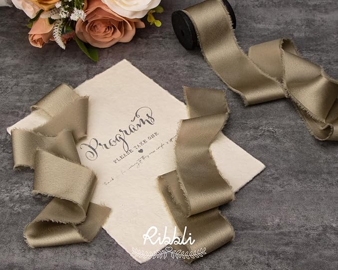 Ribbli Champagne Gold Silk Satin Ribbon 1.5 Inch x 12 Yard Handmade Frayed - Image 3