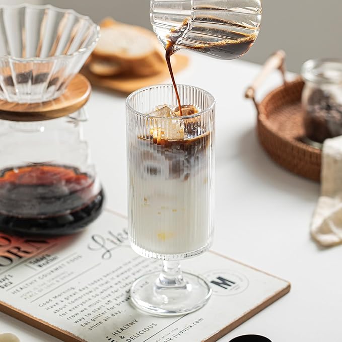 INSETLAN Set of 4 Ribbed Glass Goblets – 12oz Vertical Stripe Stemmed Glassware - Image 8