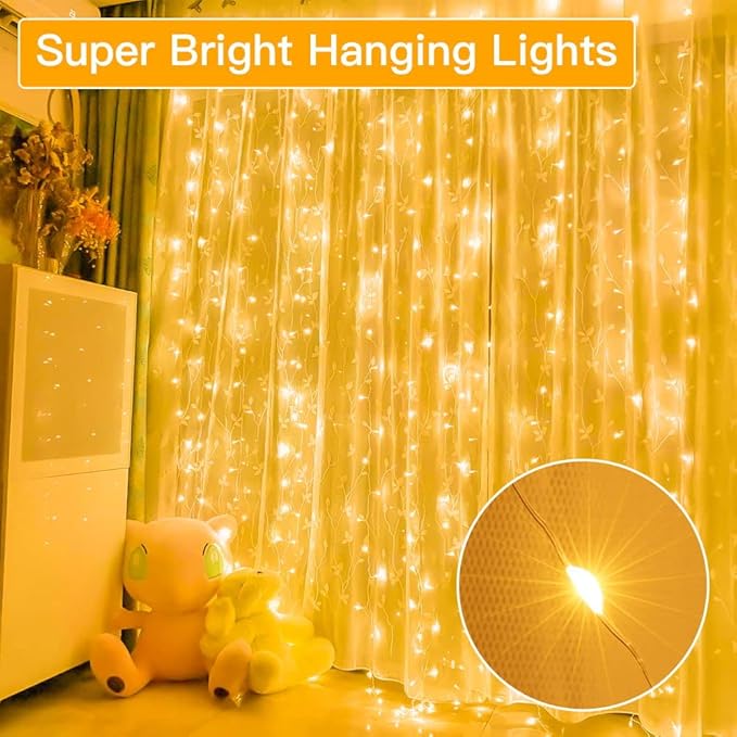 Ollny Silver Copper Wire Fairy Lights Curtain 200 LED 6.6x6.6ft, USB Warm White - Image 4