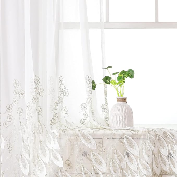 VISIONTEX White Sheer Voile Curtains, Decorative White Embossed Drip Rod Pocket - Image 5